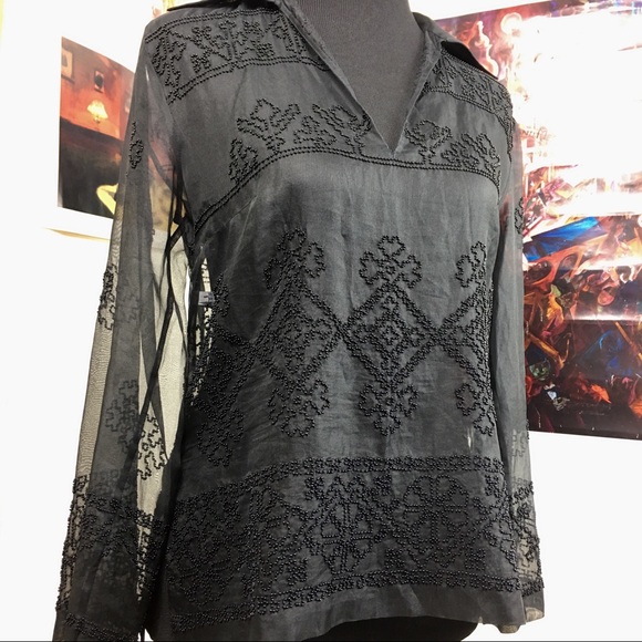 MEGAN PARK black sheer silk beaded collared blouse - Picture 2 of 13